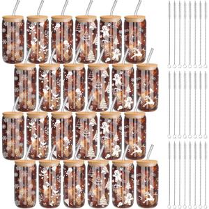 24 Set Christmas Glass Cups 16 oz Drinking Glasses with Bamboo Lids and Straws Christmas Iced Coffee Cup Drinkware Santa Snowflake Tumbler Holiday Mugs Xmas Gift for Women Mom(White Style)