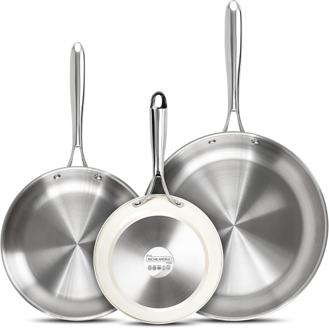MICHELANGELO Stainless Steel Frying Pan Set, 8" 9.5" 11" Induction Pan, Triply Base Cooking Pans with Ergonomic Handle, for All Stove - Beige, 8-9.5-11-Inch w/o Lid