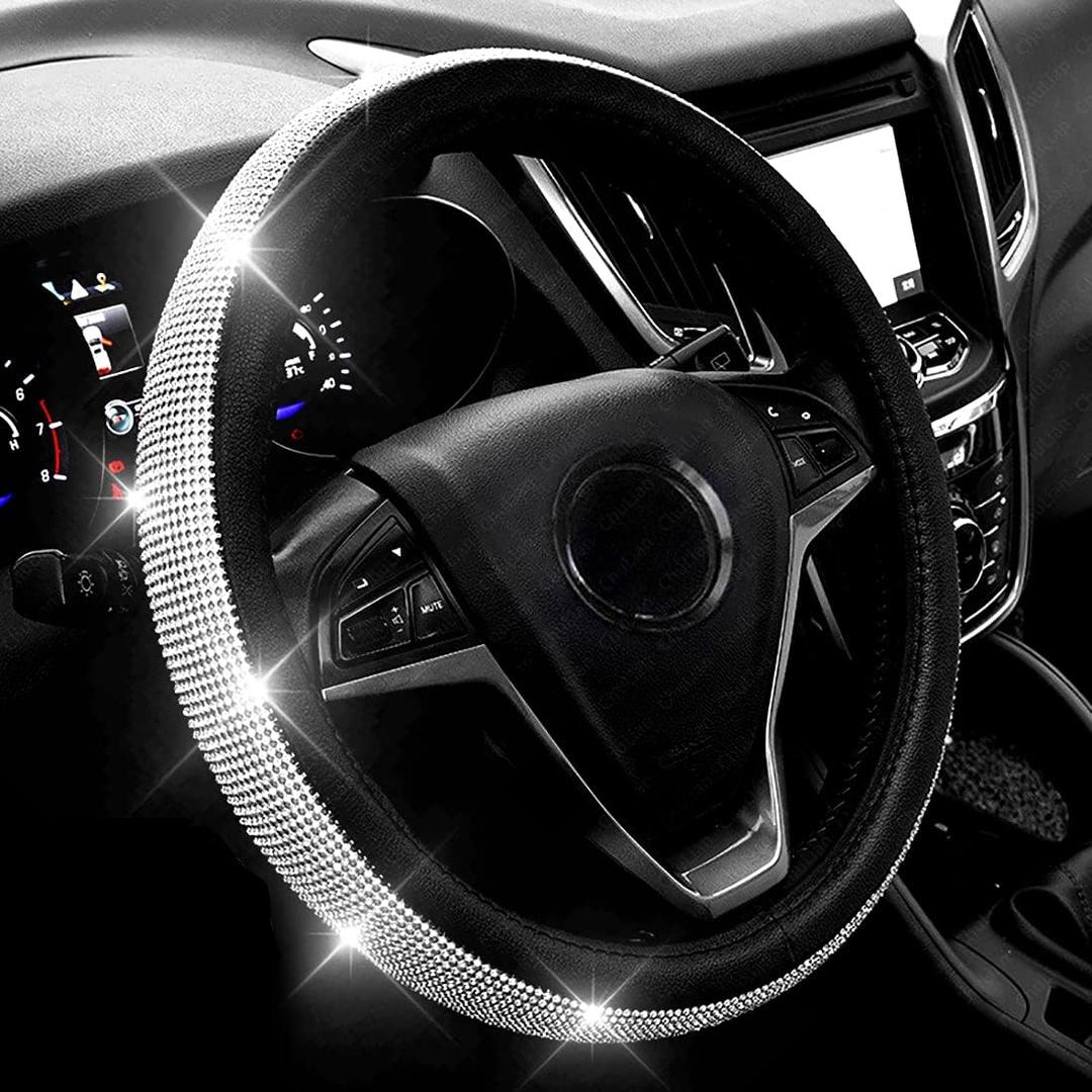 New Diamond Leather Steering Wheel Cover with Bling Bling Crystal Rhinestones, Universal Fit 15 Inch Car Wheel Protector for Women Girls Black (Standard Size[14"1/2-15"], Black with White Diamonds)
