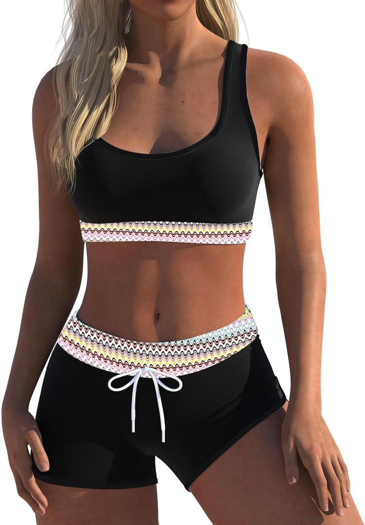 Womens Sport Two Piece Swimsuits Racerback Tops Boyshort Bottom (Small, Black)