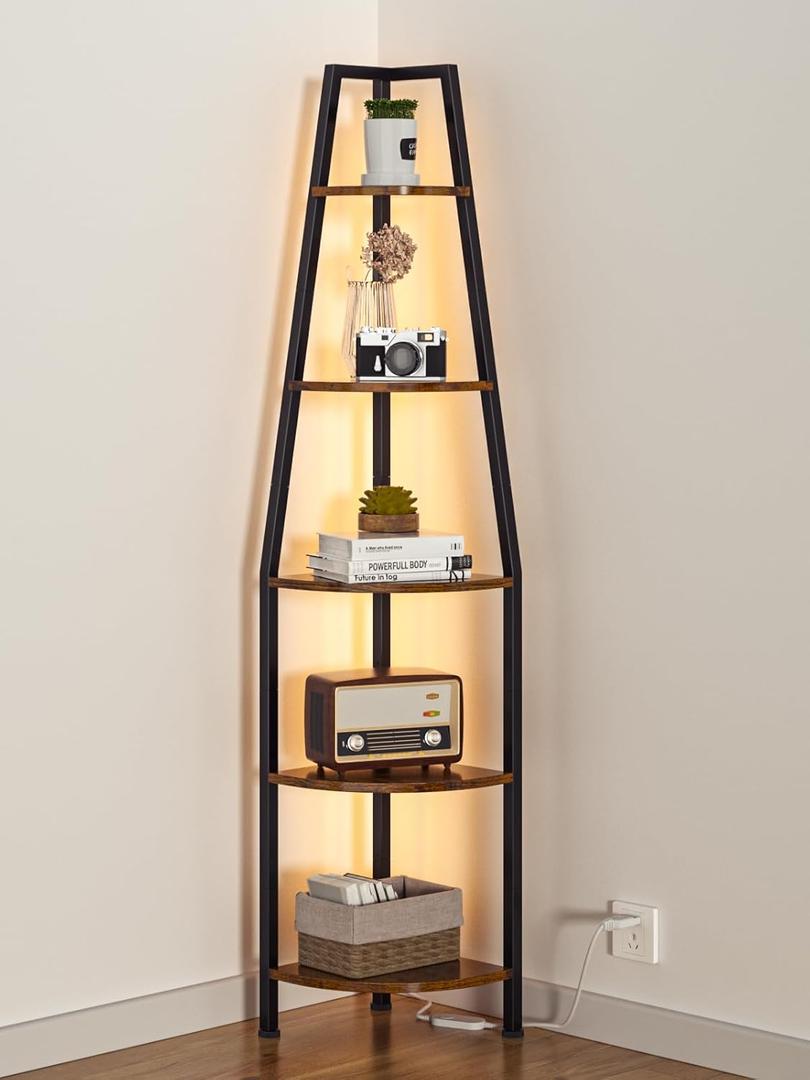 Furnulem 5 Tier Corner Shelf with LED Light, 67.2 Tall Standing Shelf for Wall Corner, Narrow Bookshelf Ladder Shelf for Bedroom, Living Room, Plant, Wood Storage Rack, Metal Frame (Rustic Brown)