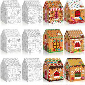 Funrous 12 Pcs Gingerbread Paper Coloring Houses DIY Craft Kit Large Christmas Cookie Gift Boxes Cardboard Color Your Own House Boxes for Holiday Activities Party Decor Gift Packaging 6.89x7.36x9.84in