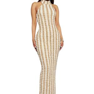 Womens Casual Sexy Halter Sleeveless Sundresses Bubble Textured Backless Prom Cocktail Maxi Dresses (Large, Brown)