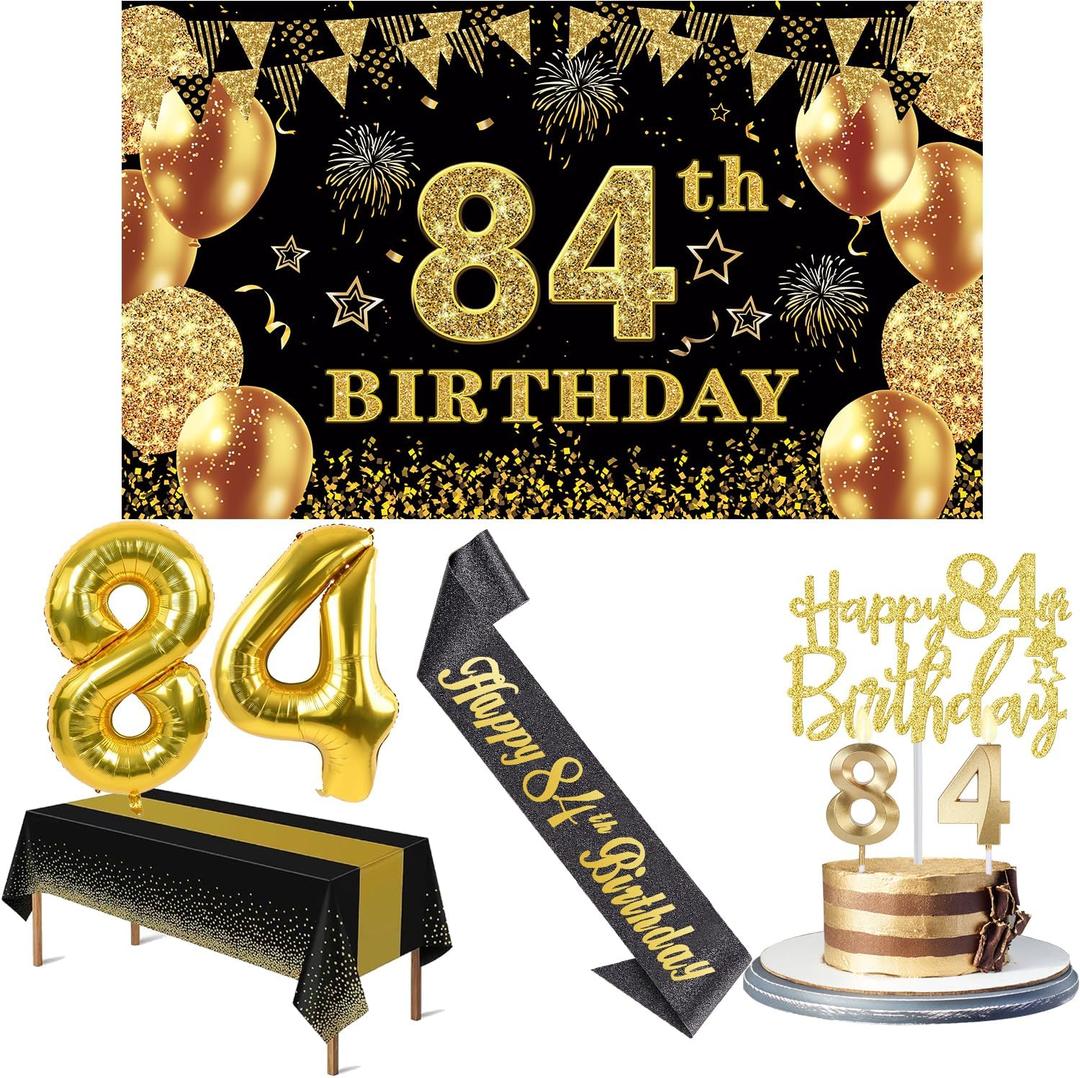 84th Birthday Decorations Men Women with 84th Birthday Banner, Black and Gold Table Cloth, Number Balloons, Large Sash, Cake Topper and Candles