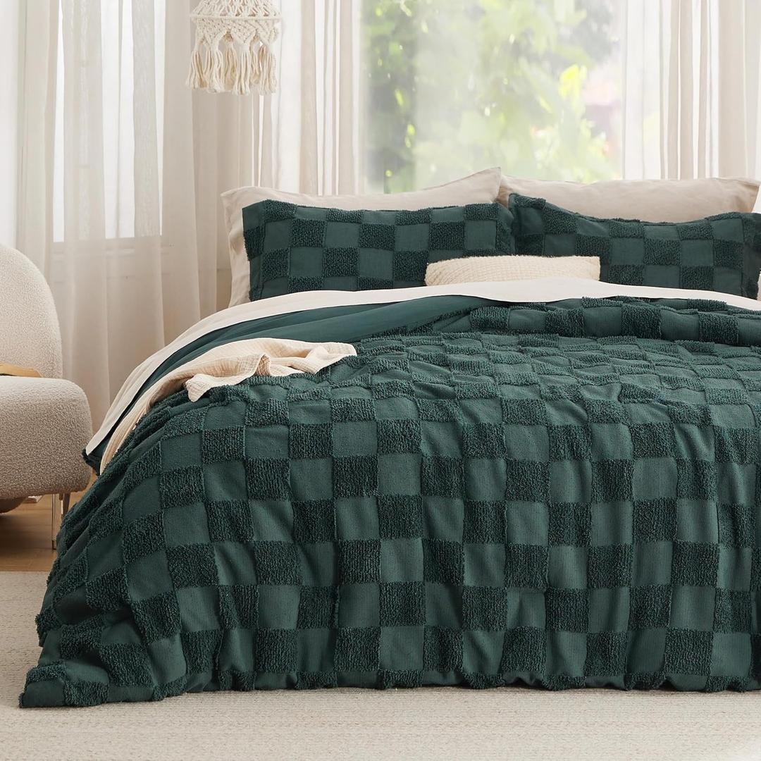 Bedsure Queen Size Comforter Set Emerald, Boho Tufted Bed Set, Checkered Farmhouse Shabby Chic Bedding, 3 Pieces, 1 Plaid Geometric Comforter and 2 Pillow Shams