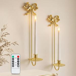 SiliFine 2 Set Gold Bow Sconces Wall Candle Holder with Battery Operated Flameless Candles and Remote Control 16.5 Inches Vintage French Metal Bow Sconces for Hallway Wedding Home Decor