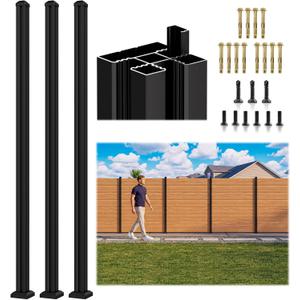3 Pack 6FT 3-Way Aluminum Fence Post, 1.8mm Thick Walls & 10mm Base, Matte Black Wood Fence Post, Rustproof & Weather-Resistant for Outdoor Privacy Panels, 3 Pack Black Fence Post