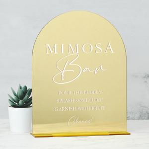 Gold Mimosa Bar Sign with Stand- 8"x10" Gold Mirror Arch Acrylic Wedding Sign and Base,1/8" Thick | Modern Calligraphy White Lettering Arch Acrylic Signs for Wedding Party Reception