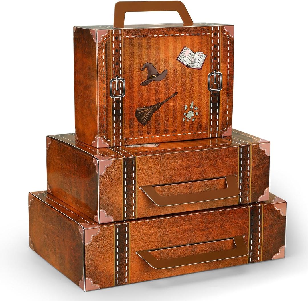 6 Pcs Magic Theme Party Decorations Paperboard Suitcases Box Table Centerpieces 3 Size Vintage Stackable Trunk for Magical Birthday Party Baby Shower Entrance Photo Booth Supplies