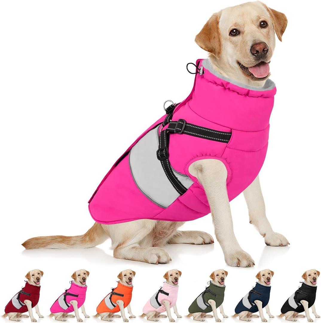 AOFITEE Dog Coat Warm Dog Winter Coat, Waterproof Dogs Jacket with Harness, Dogs Snow Jacket Snowsuit with Zipper & Furry Collar, Reflective Windproof Pet Sweater for Cold Weather, French Bulldog, L (Rose Red)