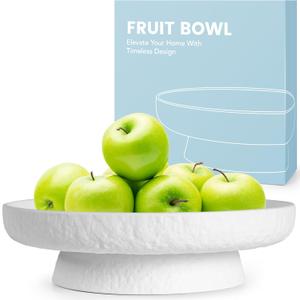Granite Inspired Matte White Fruit Bowl | Wide, Shallow Textured Pedestal Bowl | 11 Inch Unique Centerpiece for Table or Decor for Entryway Table