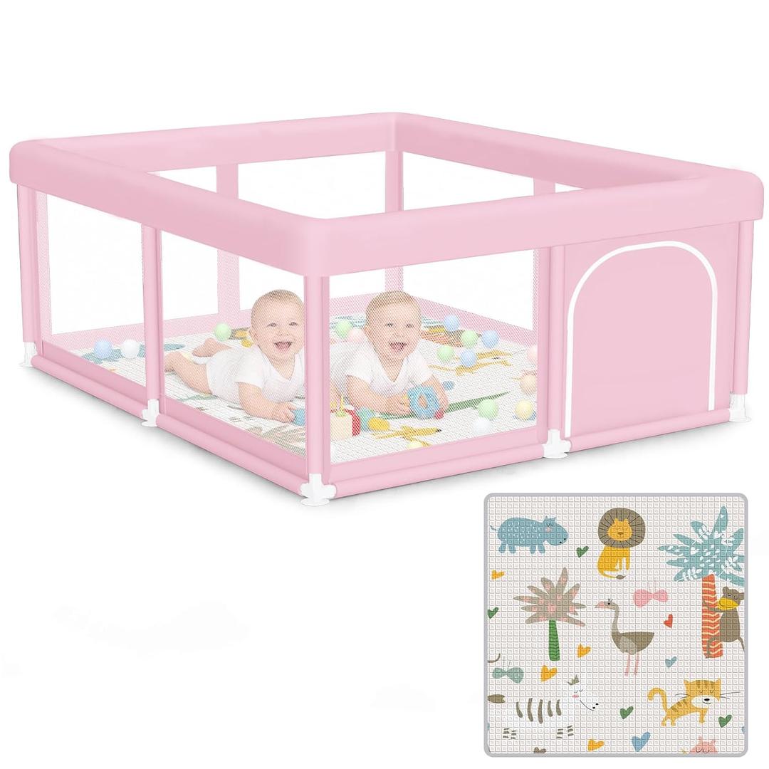 Hiaksedt Large Baby Playpen with Mat 50"x50" Baby Girl Play Pen for Babies and Toddlers, Safe Structure and Soft, Skin-Friendly Fabric with Zipper Gates Pink