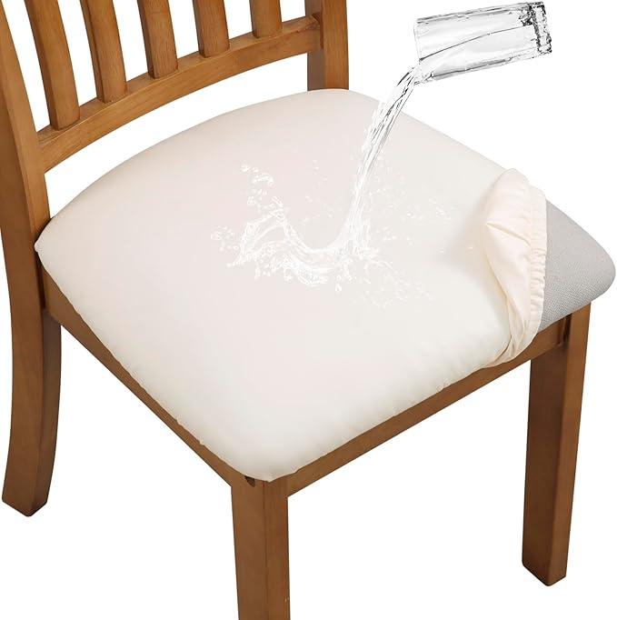 YISUN Chair Seat Covers Set of 4, Pu Leather Waterproof Dining Room Chair Covers, Stretch Chair Cover for Dining Room Chair Protector Slipcover for Kitchen, Hotel (Pu Beige, 4)