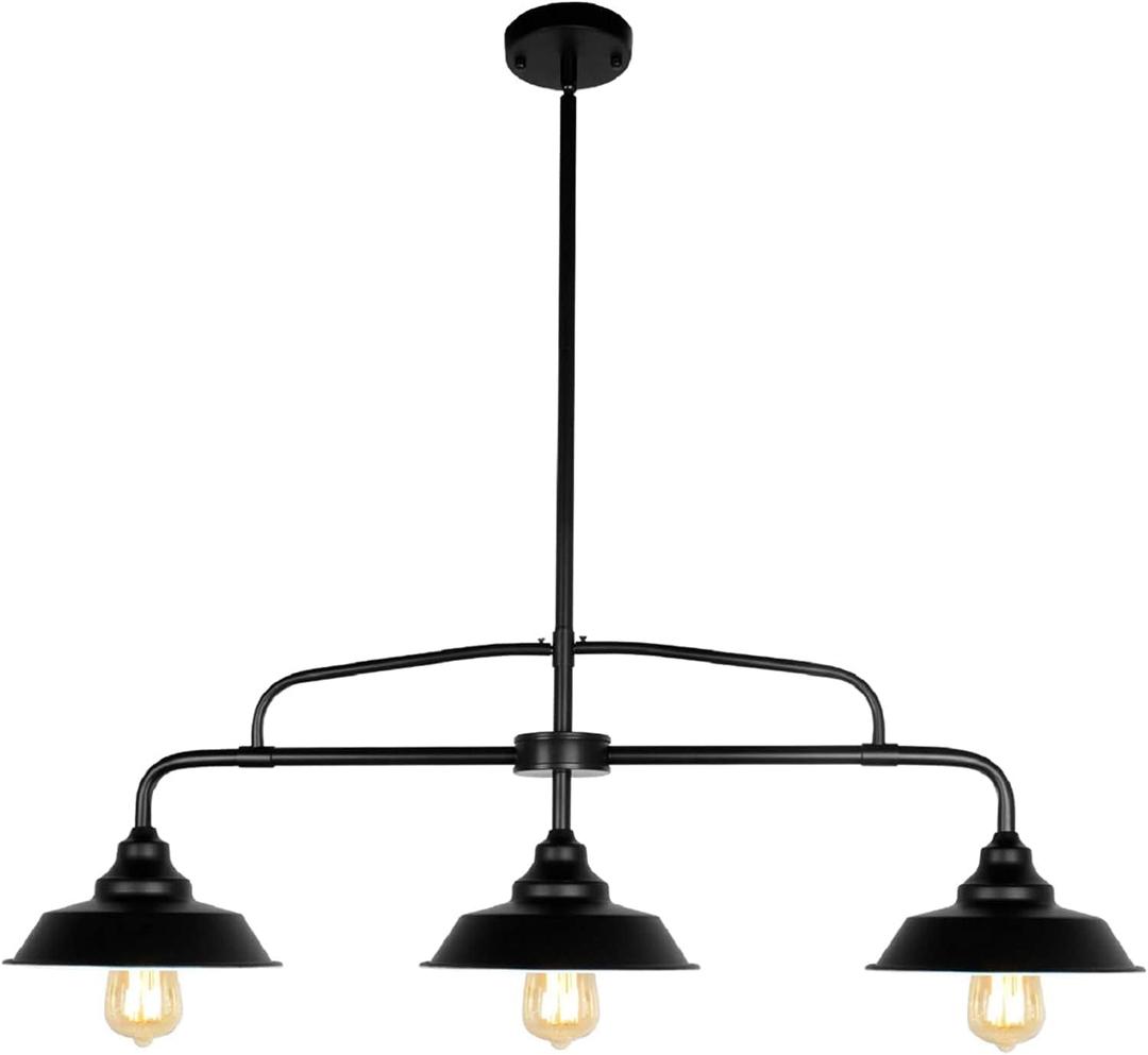 Modern Farmhouse Black Pendant Lighting Fixture, 3-Lights Industrial Linear Chandelier Metal Hanging Lamp for Kitchen Island Dining Room Living Room Hallway Pool Table