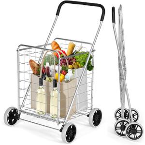 Shopping Cart with Wheels, Folding Grocery Cart with Metal Frame, Foam Wrapped Handle, Versatile Rolling Cart with Basket, Lightweight Compact Utility Cart for Groceries, Laundry (Silver)