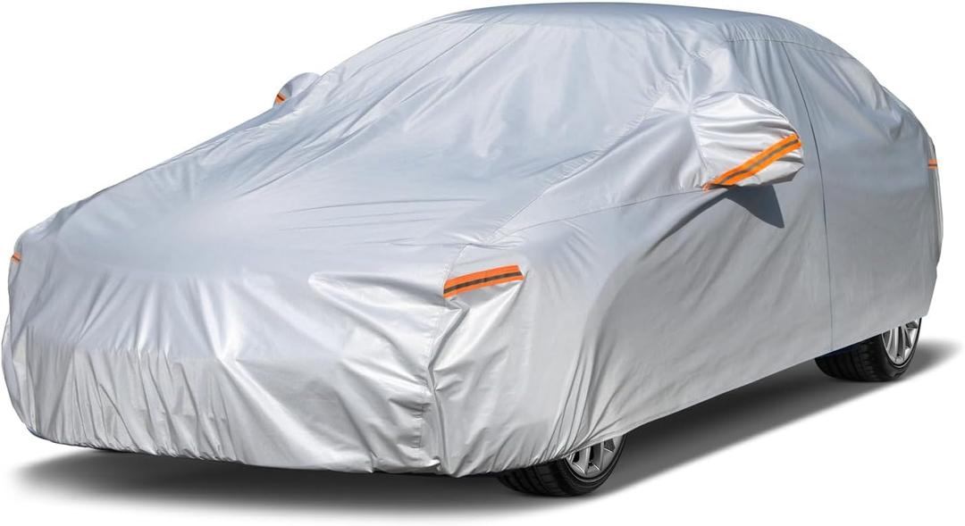 Kayme 6 Layers Car Cover Waterproof All Weather for Automobiles, Outdoor Full Cover Rain Sun UV Protection with Zipper Cotton, Universal Fit for Sedan (178-185 inch) (Aluminum-Silver)