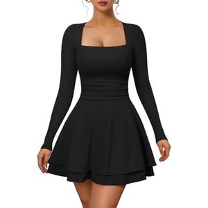 XXTAXN Women's Sexy Long Sleeve Square Neck Flowy Hem Ruched High Waist Party Mini Dress with Side Pocket, Large , Black