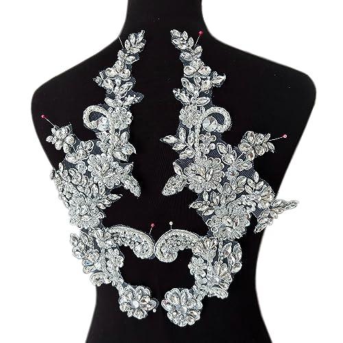 Handmade Rhinestones Applique Silver Glass Stones Beads Bling Bright Crystal White Lace Patches Bodice Accessories for Wedding Dress Decorations