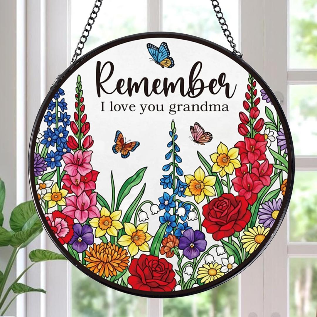 Rngmsi Sun Catcher Gift for Grandma, Birthday Presents for Grandmother Suncatcher Stained Glass Window Hanging, Remember I Love You Stained Glass Gift from Granddaughter Grandson