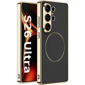 Lunivop Magnetic Case Compatible with Samsung Galaxy S26 Ultra Case PU Leather Back Panel Compatible with Magsafe TPU Silicone Plating Frame for Samsung S26 Ultra 6.9 inch (Black)