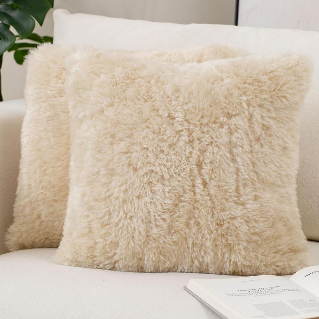 Ultra Soft Faux Fur Fluffy Pillow Covers 18x18 Inch, Beige | Pack of 2 Plush Decorative Throw Pillows, Plush Fuzzy Pillow Cases, Accent Home Decor for Couch Sofa Bed Living Room