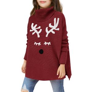 Haloumoning Girls Christmas Sweater Kids Oversized Turtleneck Cute Reindeer Sweaters with Side Slit (Red)