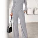 PRETTYGARDEN Fall Two Piece Sets For Women 2026 Off Shoulder Tops Long Pants Knit Matching Lounge Set Airport Travel Outfits(Light Grey,Large) (L)