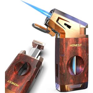 Butane Torch Lighter with V Cutter, Windproof Jet Flame Lighter Torch Refill, Adjustable Refillable Butane Lighter Gifts for Men, with Fuel Window, Fuel not Include