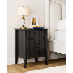 Fluted Nightstand, Farmhouse Night Stand with 3 Drawers, Mid Century Modern Side Accent Table,Bedside End Table for Bedroom, Living Room, Black
