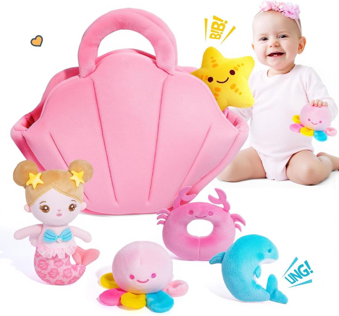 OUOZZZ Baby Toys 6-12 Months - Soft Baby Doll for Girls Mermaid Toys - 2 Years Old Sensory Toy - Birthday Gifts Toddler Plush Stuffed Animal with Squeaker, Crinkle and Bell Ringing Toy Set