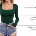 MANGOPOP Women's Square Neck Top Double Lined Short Sleeve Long Sleeve T Shirt Fitted Seamless Tee (Green, L)