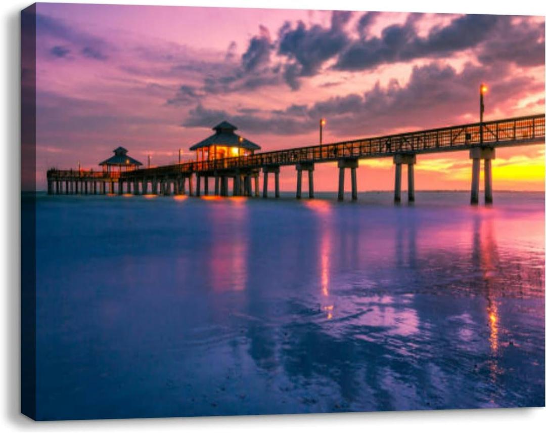 Bathroom Wall Art Decor for Bedroom Living Room Small Canvas Wall Art Framed Fort Myers Beach Pier at Sunset Prints Artwork Painting Pictures Kitchen Office (20"x16", Multi5)