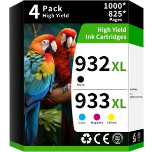 Caelum 932XL/933XL High Yield Ink Cartridge Replacement for Combo Pack HP 932XL 933XLL to Use with HP Officejet 6100 6600 6700 7110 7610 7612 (4 Pack, 1Black 1Cyan 1Magenta 1Yellow)