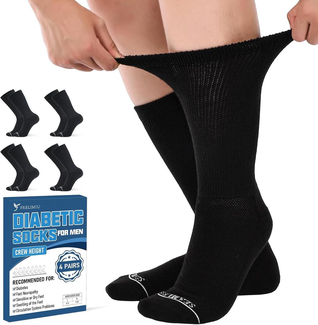 Diabetic Socks for Men, 4 Pairs Seamless Crew Socks with Non Binding, Soft Cushioned Sole Sock with Loose Top, Diabetes Sock Men for Neuropathy, lymphedema, Edema, Swollen Feet, 8-11 (L)