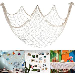 80x40 Inch Fishing Net Decor, 3mm Beige Natural Cotton Large Decorative Fish Netting Table Runner, Wall Ceiling Halloween Party Decorations for Pirate Under The Sea Nautical Mermaid Themed Party