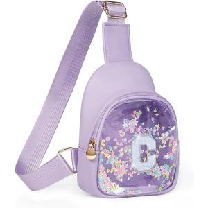 COSHAYSOO Purple Toddler Girls Sling Bag Purse Gifts for One Two Three Four Five Six Year Old Girl Birthday Party Favors, Cute Kids Small Mini Clear Crossbody Chest Shoulder Pouch Initial Letter C
