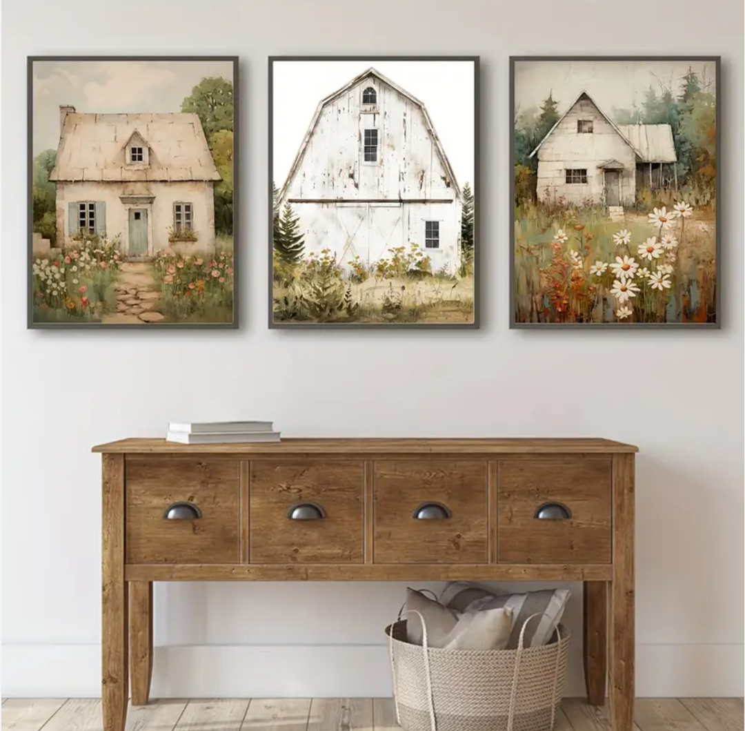 Farmhouse Barn Landscape Canvas Wall Art Modern Farmhouse Farm Beige Wall Decor Pictures Vintage Rustic Field Daisy Nature Wind Posters Prints for Home Corridor Bedroom Living Room Decoration