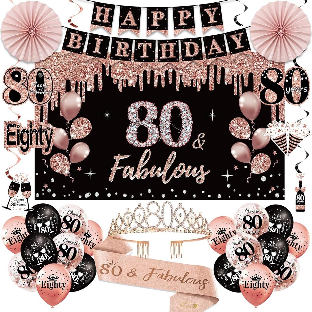80th Birthday Decorations for Women, 33pcs 80th Birthday Crown and Sash, Black Rose Gold Happy 80th Birthday Banner Balloons Backdrop Hanging Swirls Paper Fans, 80 Years Old Birthday Decorations Kit