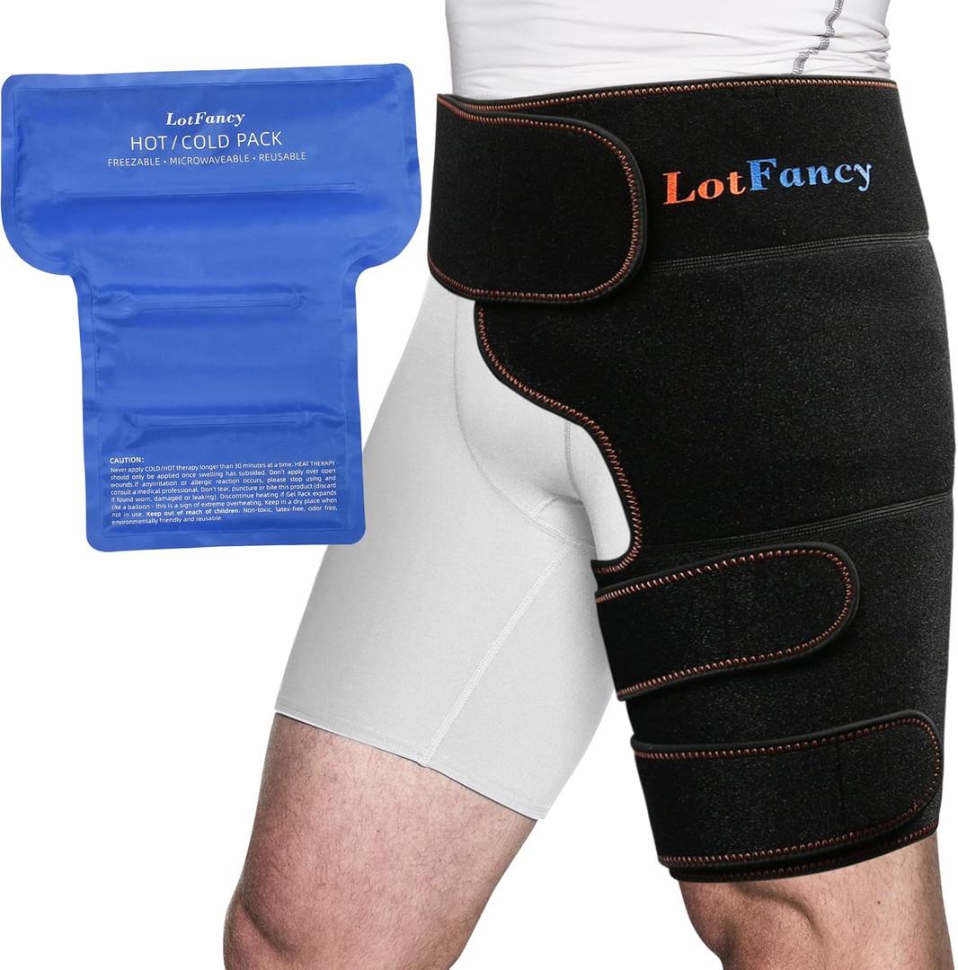 LotFancy Hip Brace with Hot Cold Pack, Gel Ice Pack Groin Wrap Support for Women and Men, Compression Brace for Hamstring, Thigh, Sciatica, Arthritis, Bursitis, Injuries, Nerve Pain Relief LotFancy Hip Brace with Hot Cold Pack, Gel Ice Pack Groin Wrap Support for Women and Men, Compression Brace for Hamstring, Thigh, Sciatica, Arthritis, Bursitis, Injuries, Nerve Pain Relief