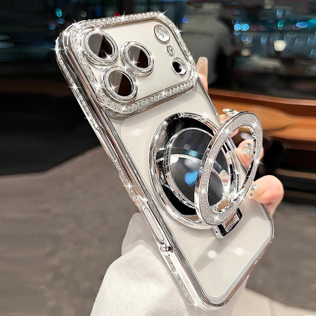 Glitter Diamond Magnetic Case for iPhone 17 Pro Max Clear with Sparkly Makeup Mirror Invisible Stand Ring 17 Pro Max Case Women Girls Cute Bling Luxury Shiny Shockproof Protective Cover 6.9", Silver