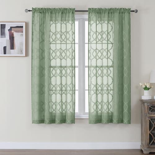 OWENIE Sheer Green Curtains 45 Inch Length 2 Panels, Geometric Jacquard Clip Textured Curtains for Small Window, Modern Elegant Bathroom Panels/Drapes, Each 42x45 Inch