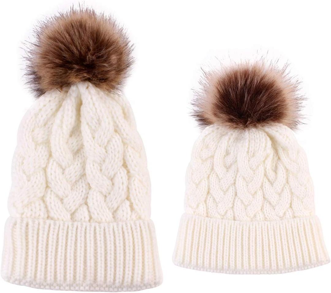 Yinuoday 2PCS Mother&Baby Hat Parent-Child Hat Family Matching Cap Winter Warmer Knit Wool Beanie Ski Cap (One Size, White)