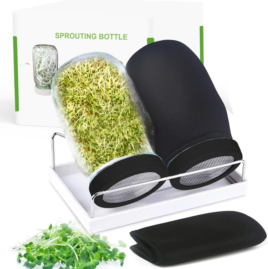 Organic Seed Sprouting Jar Kit  2  32 oz Wide-Mouth Mason Jars with Stainless-Steel Sprouter Lids & Stand, Blackout Sleeves, Drain Tray  Grow Broccoli, Alfalfa & Bean Microgreens