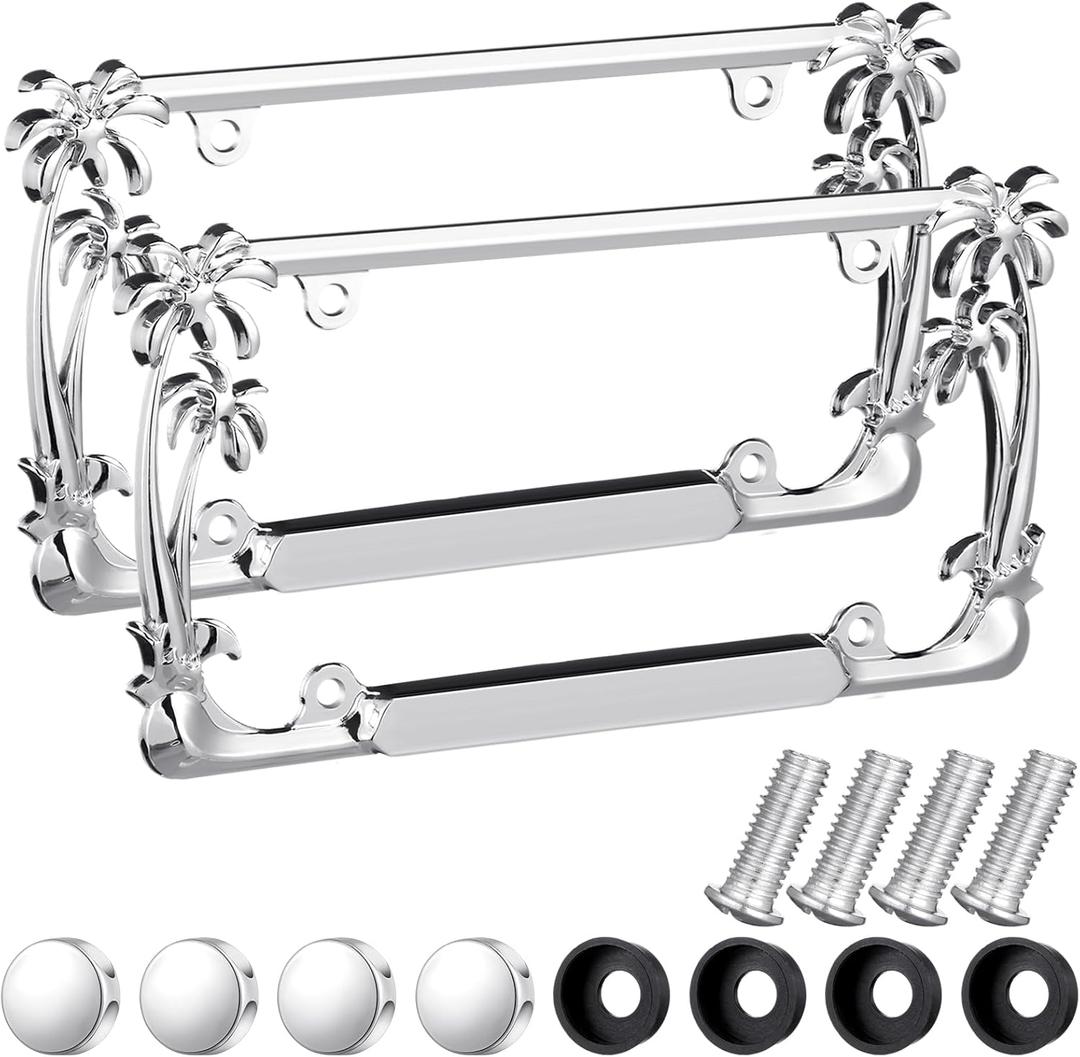 2 Pcs Palm Tree License Plate Frame Plastic Beach Coconut Tree Design Frame Compatible with Standard License Plate for USA 2 Holes with Screws for Women Men (Sliver)