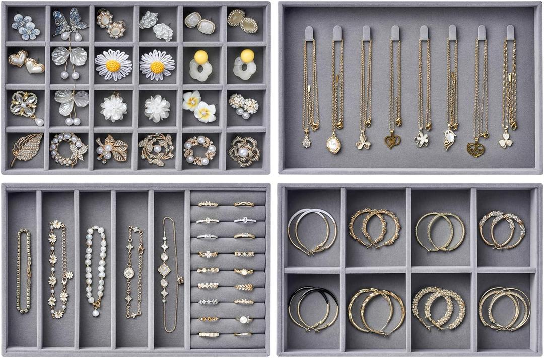Velvet Jewelry Drawer Organizer Trays Large Grey Stackable Jewelry Storage Inserts Set, 4-Layer Jewelry Tray Set for Earrings, Rings, Necklaces, Bracelets with Removable Dividers for Dresser, Vanity