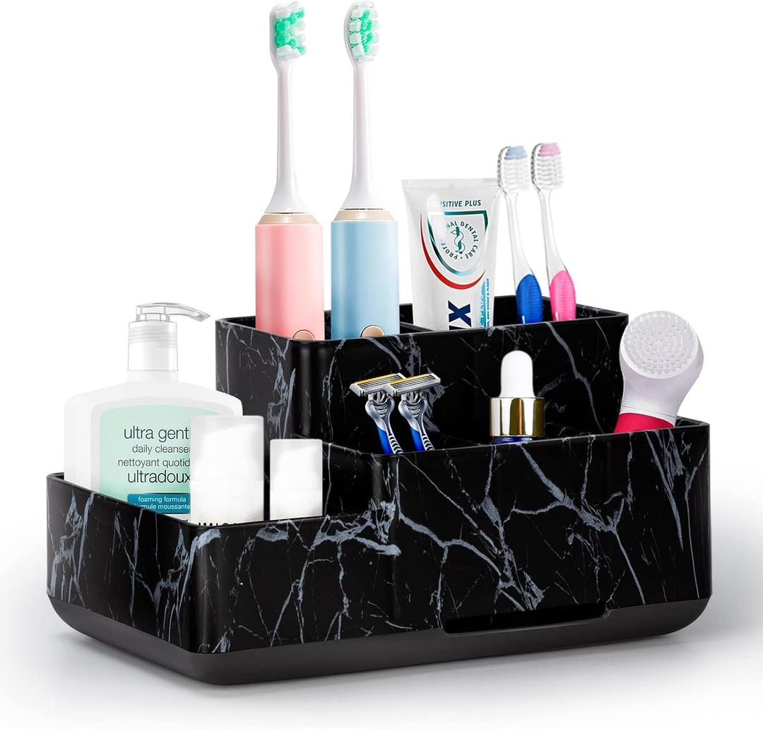 Toothbrush Holder with Anti-Slip, Detachable Bathroom Organizer Countertop for Easy Cleaning, Multifunctional Storage, Bathroom Caddy for Toothpaste, Shaver, Great for Vanity Organizer, Black Marble