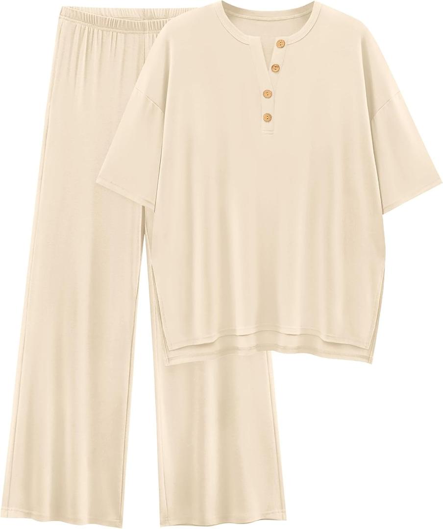PRETTYGARDEN 2 Piece Lounge Sets for Women Summer 2025 Short Sleeve Tops Wide Leg Pants Matching Travel Outfits Clothing (Beige,Small)