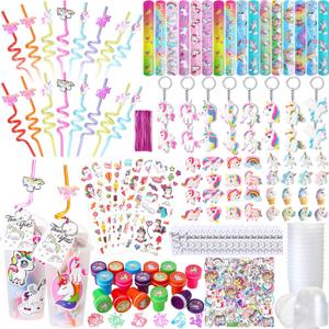 Qilery 195 Pcs Unicorn Party Favors Bags Birthday Includes Plastic Cup with Lid Straw Keychain Bracelet Ring Stamper Stickers Tag for Party Favors Piata Filling