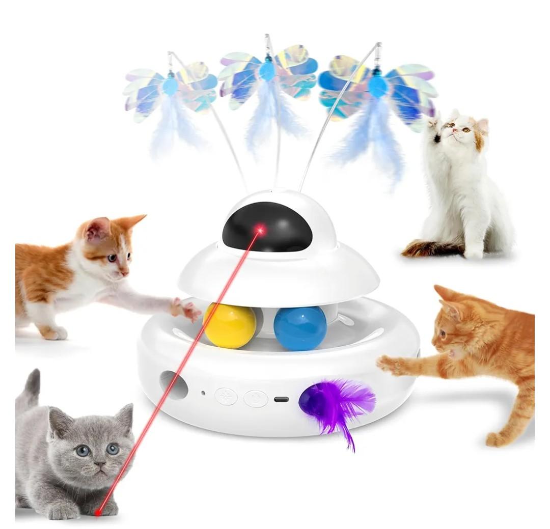 Interactive Cat Toys for Indoor Cats,4-in-1 Automatic Kitten Toy with Laser, Fluttering Butterfly, Moving Feather & Track Balls, USB Rechargeable Self-Play Electronic Toy for Kittens & Adults Item is Missing Pieces