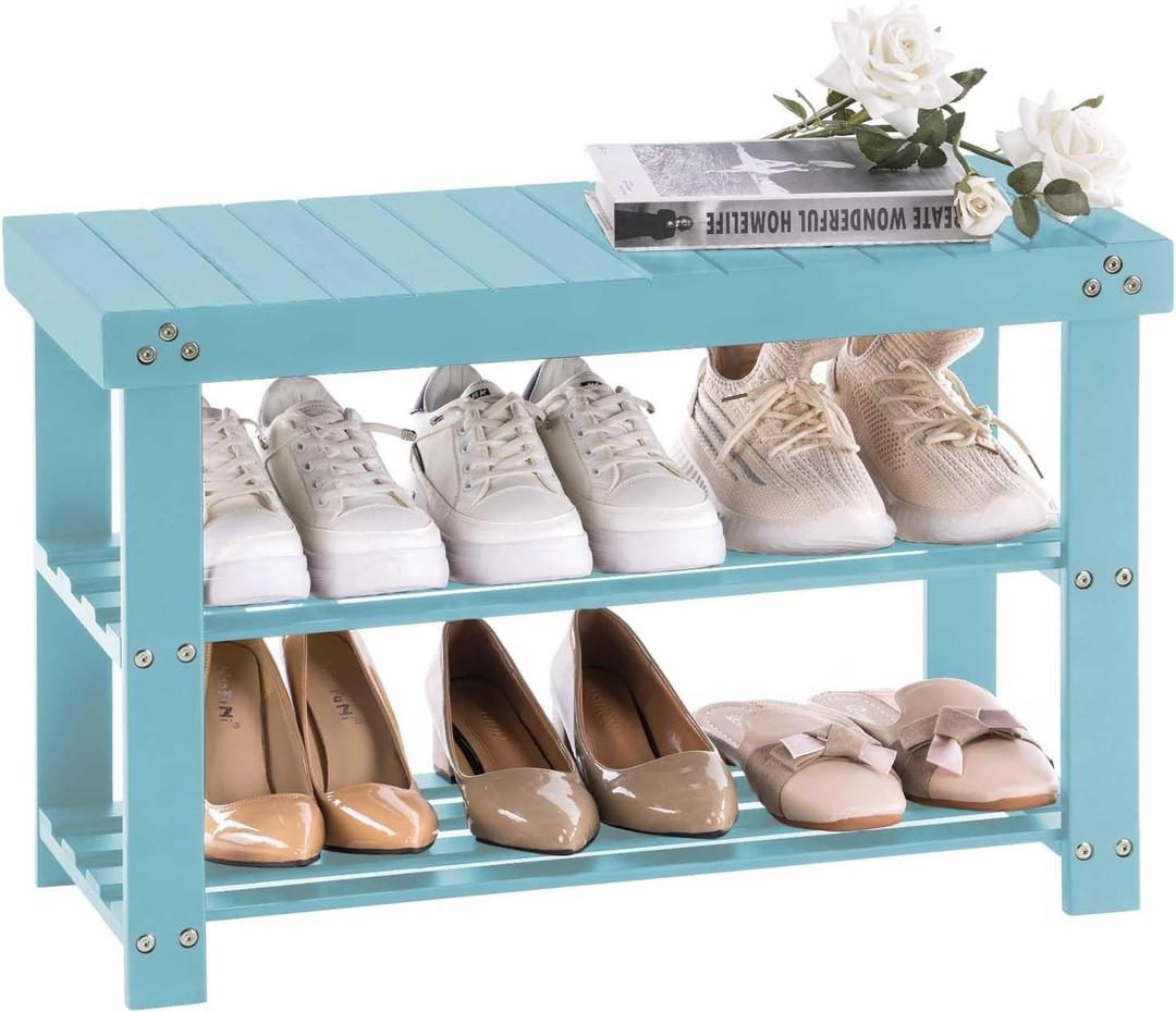Apicizon Bamboo Shoe Rack for Entryway, 3-Tier Shoe Rack Bench for Front Indoor Entrance, Small Shoe Organizer with Storage, Blue, 27.6 Inches No Cushion